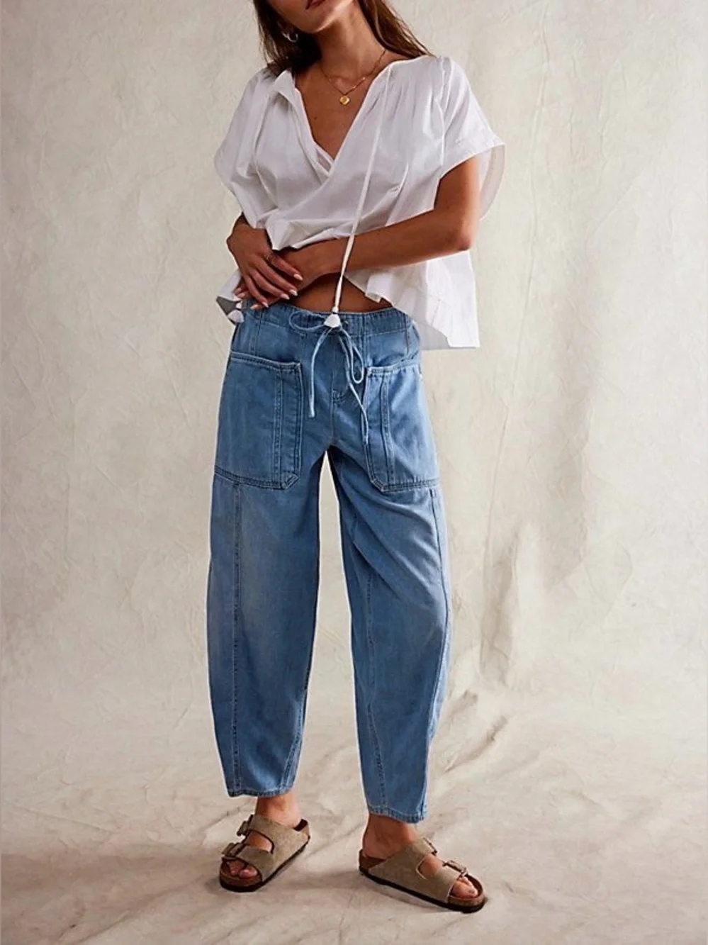 NWOT Free People We The Free Silverton Pull-On Barrel Jeans - blue - SMALL